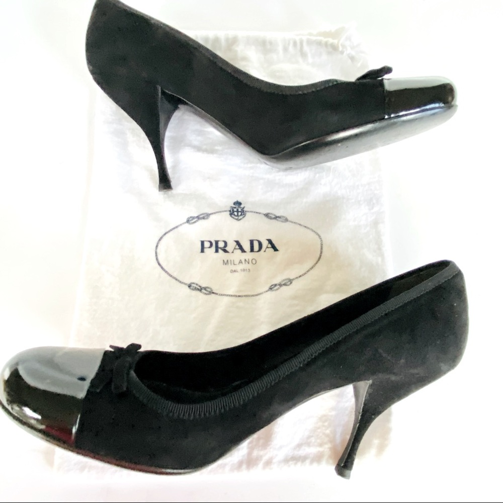 Prada black suede patent cap toe heels 38